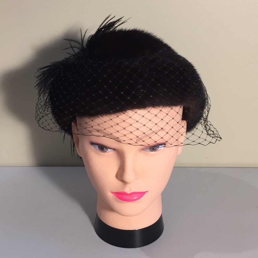Vintage Andre Genuine Fur & Feather Canadian Hat Black
